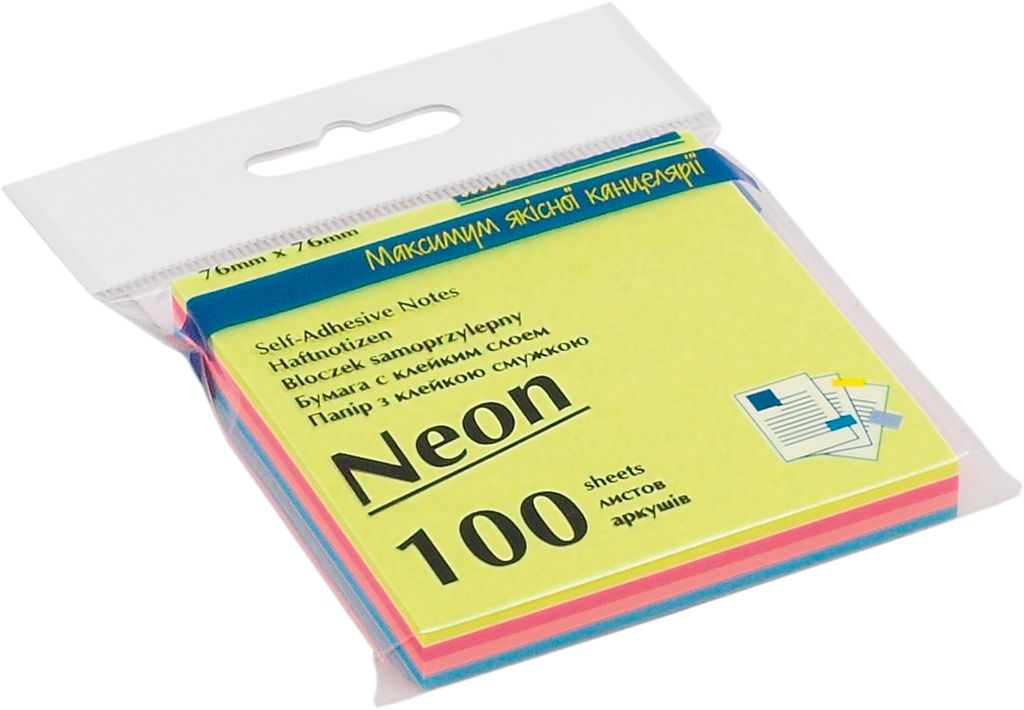 Блок паперу клеєний неон 76х76 мм 100 аркушів, 4 кольори по 25 аркушів, TM Buromax