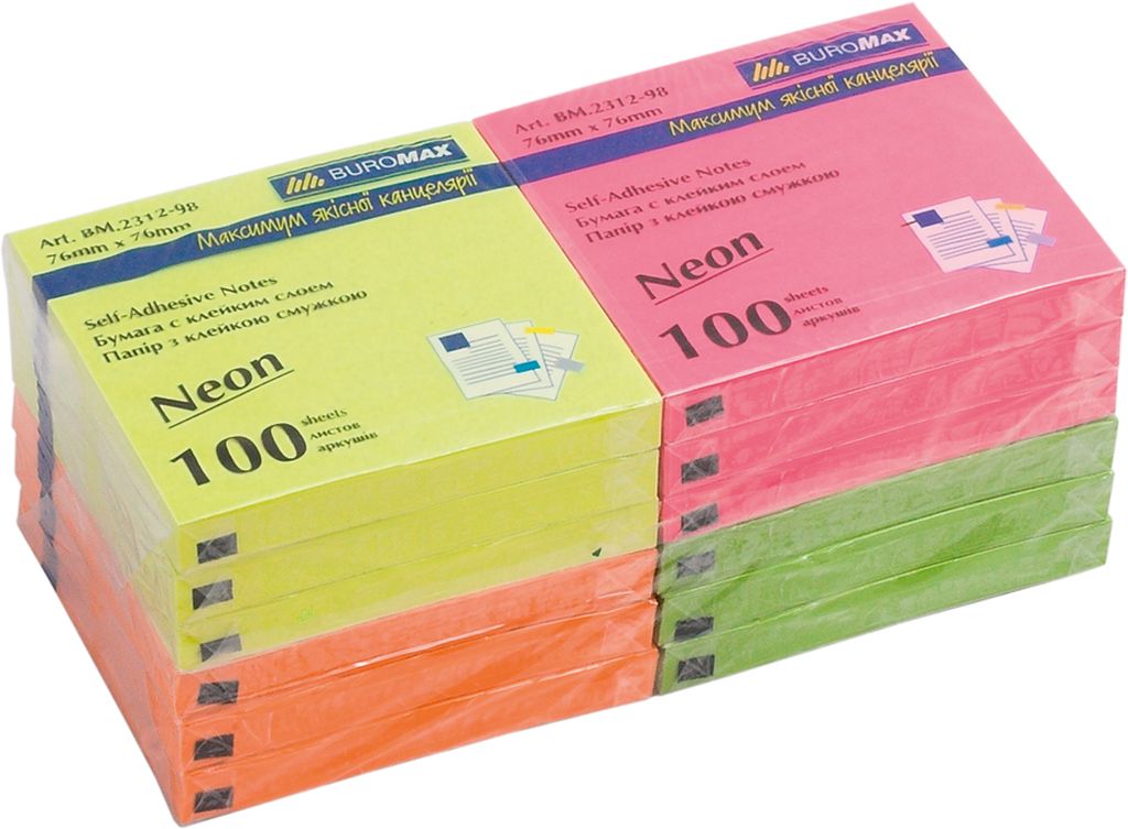 Блок паперу клеєний 76х76 мм 100 аркушів, неон, в асортименті, TM Buromax
