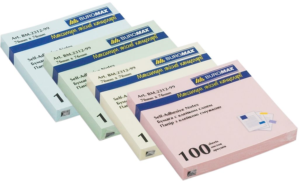 Блок паперу клеєний 76х76 мм 100 аркушів, в асортименті, TM Buromax