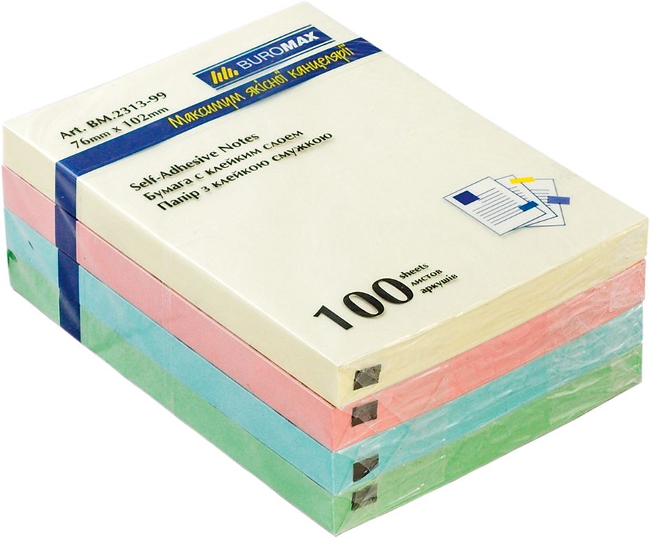 Блок паперу клеєний 76х102 мм 100 аркушів, в асортименті, TM Buromax