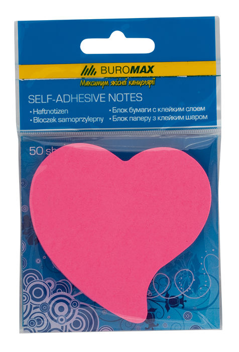 Блок паперу клеєний «Серце» 50 аркушів неон, в асортименті, TM Buromax