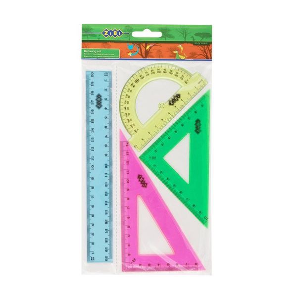 Набір: лінійка 20 см, 2 трикутники, транспортир, тоновані, в асортименті, ТМ ZiBi
