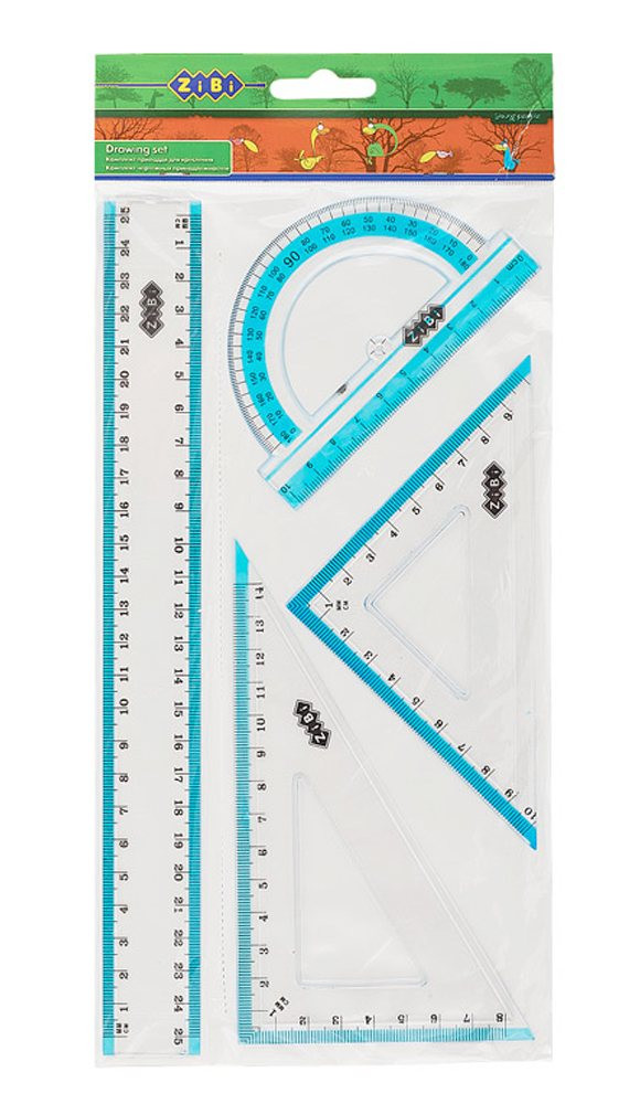 Набір: лінійка 25 см, 2 косинця, транспортир, з блакитною смужкою