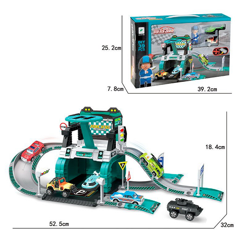 Паркінг 2-поверховий на 39 деталей з вертольотом, металевою машинкою та фігуркою 9 см, у коробці 39,5х25,5х8 см