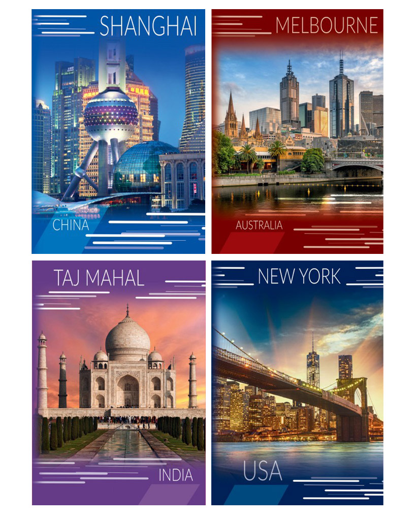 Канцелярська книга «Міста» А4 на 176 аркушів у клітинку з твердою ламінованою обкладинкою, в асортименті, ТМ Рюкзачок