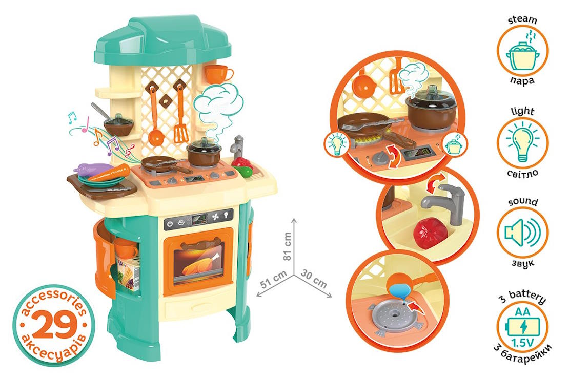Набір «Кухня» з 29 предметів зі світлом, звуком та паром, на батарейці, у коробці 61х48х20 см, ТМ Технок
