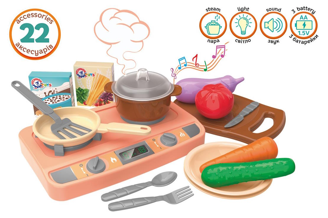 Набір «Кухня» з 22 предметів зі світлом, звуком та парою, на батарейці, у коробці 33х23х10,5 см, ТМ Технок