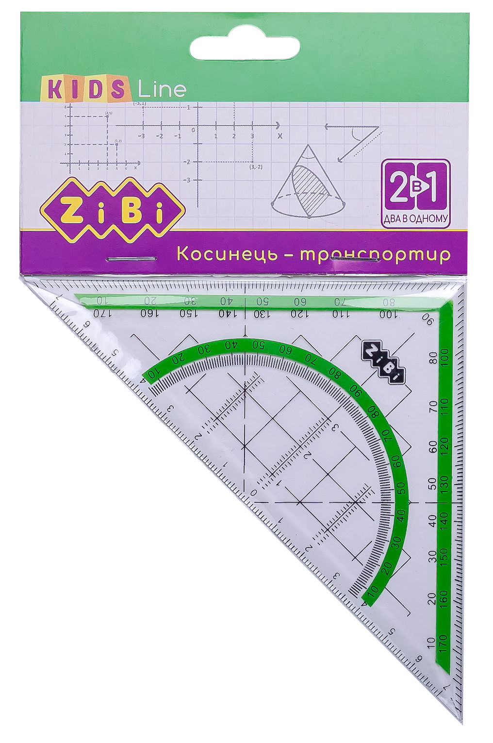 Косинець 2 в 1, 140 мм, 90° / 45°, з салатовою смужкою, блістер, Kids Line