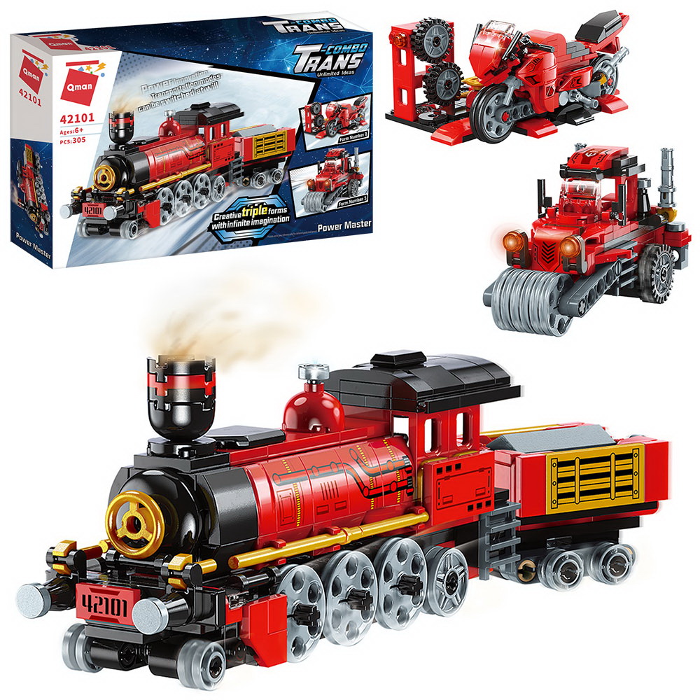 Конструктор «Поїзд-будтехніка-мотоцикл» 3 в 1 на 305 деталей, у коробці 32,5х19х5 см, Qman